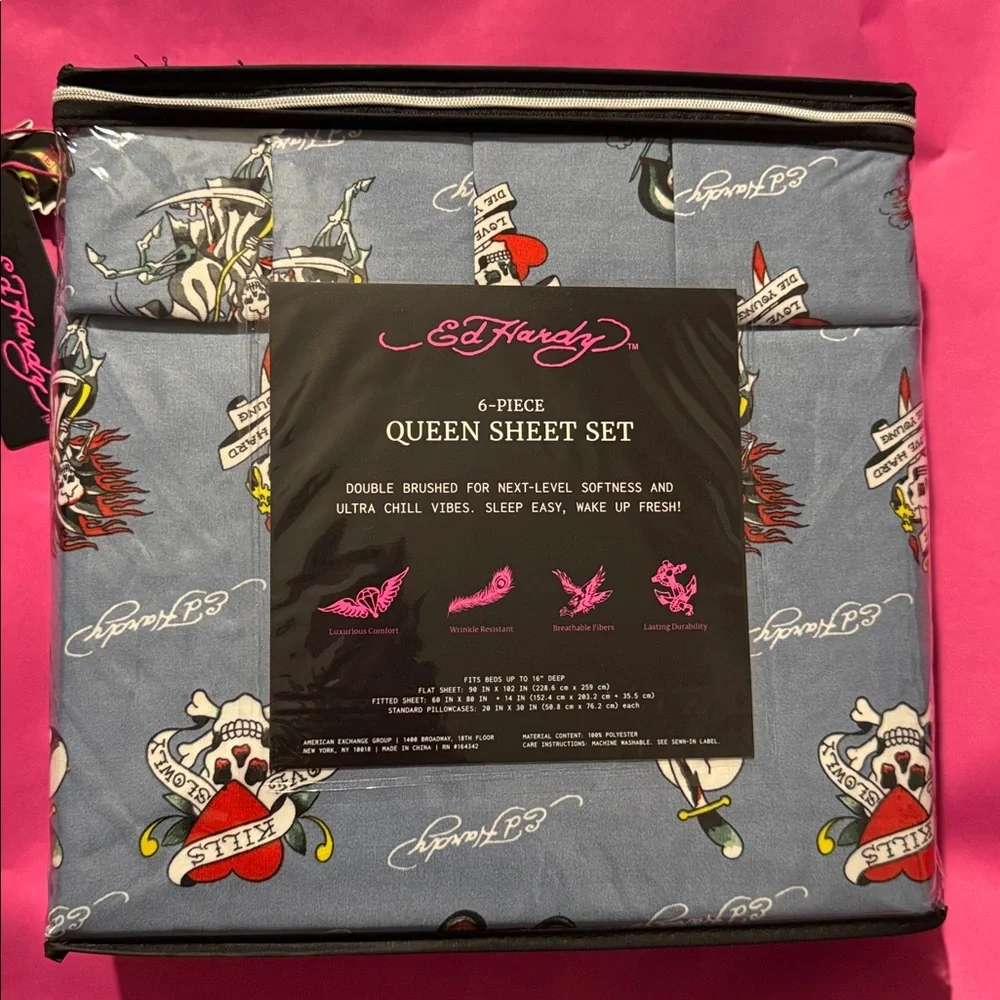 Ed Hardy Blue Queen Sheet Set with Tattoo Designs - Picture 2 of 10